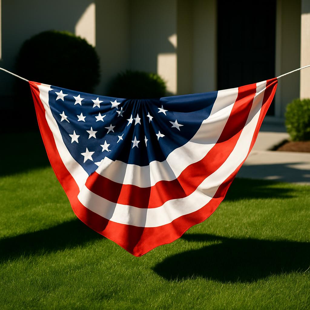 An American flag hanging on a string in the front yard of a house. Stars indicate darkness and eagerness for the light to ...